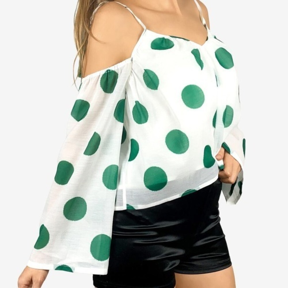 Line & Dot Green Polka Dot Top Size XS White Green Cold Shoulder Flowy Summer